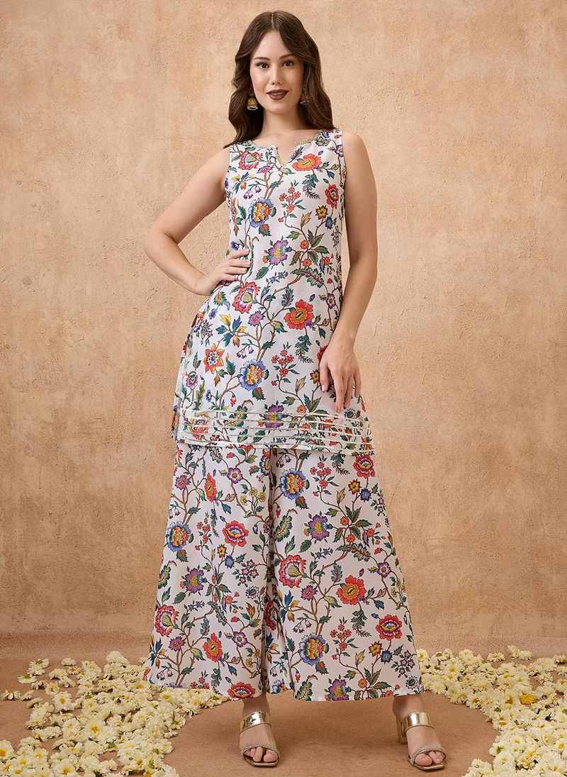 globus Globus Women Round Neck Floral Print Lace Insert Tunic With Palazzos Festive Co-Ord Set